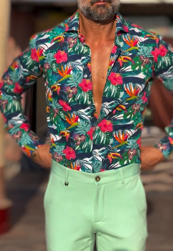Men's Long Sleeve Printed Casual Button-Down Shirt