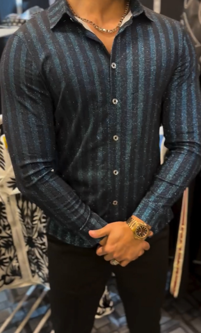 2025 Men's Bright Silk Light Luxury Striped Shirt