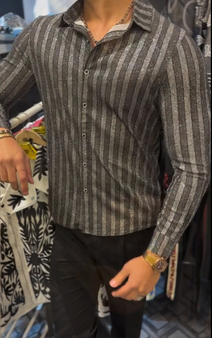 2025 Men's Bright Silk Light Luxury Striped Shirt