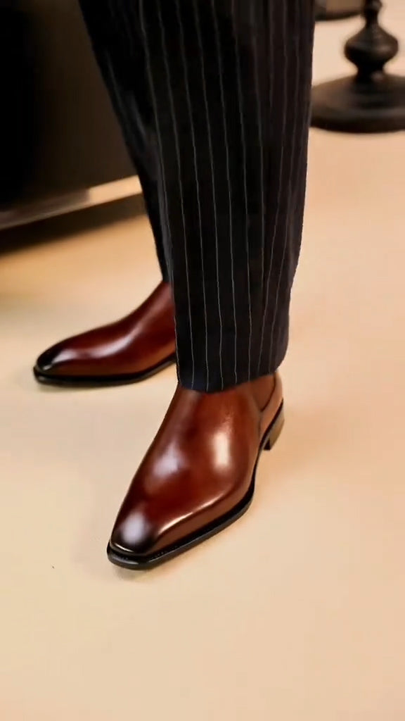 Men's cowhide square toe shiny ankle boots