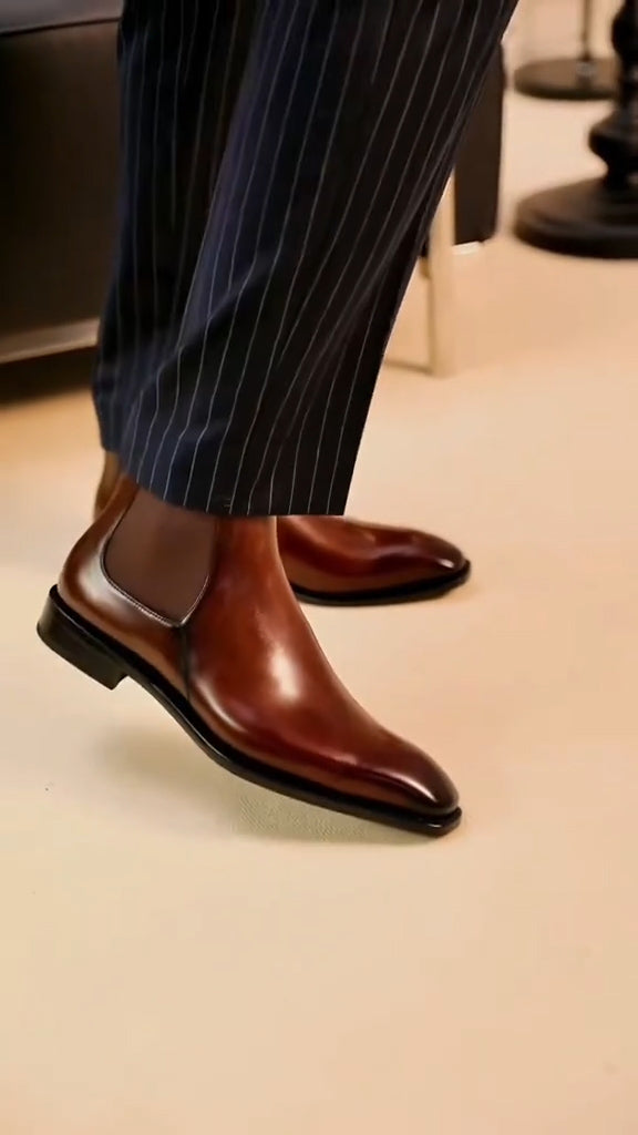 Men's cowhide square toe shiny ankle boots