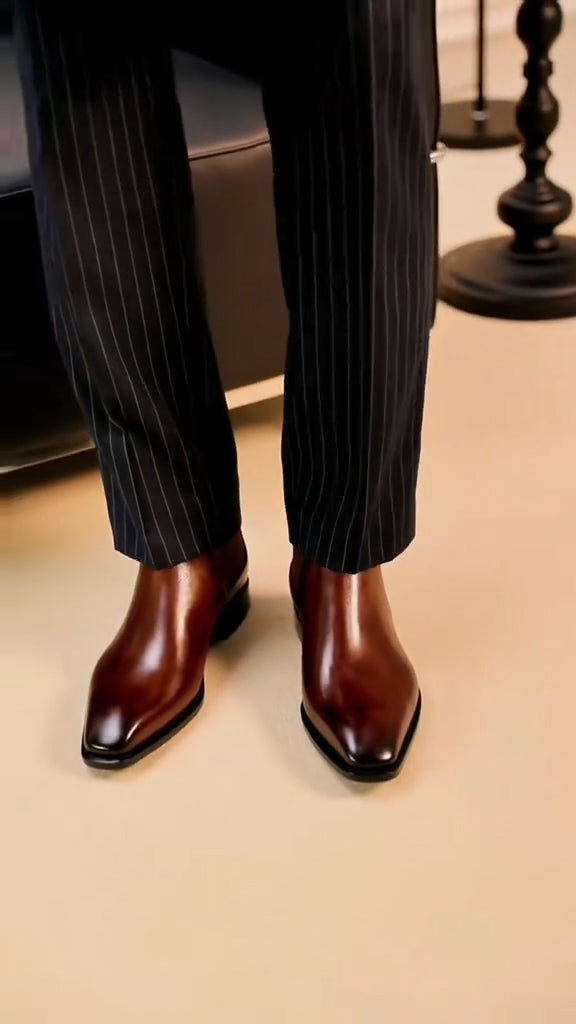 Men's cowhide square toe shiny ankle boots