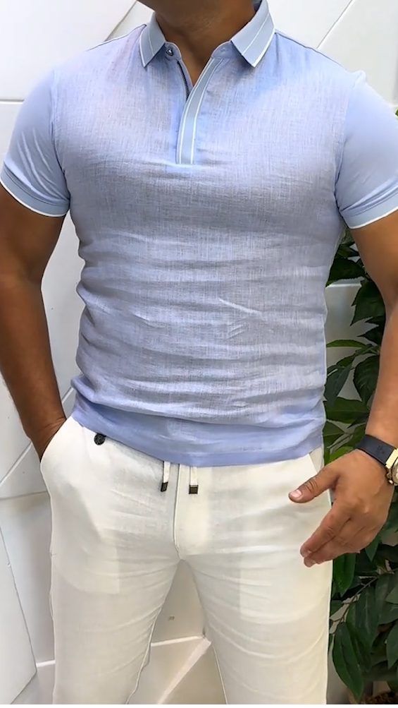 Men's linen breathable casual simple polo shirt