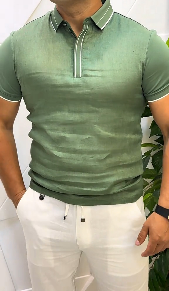 Men's linen breathable casual simple polo shirt