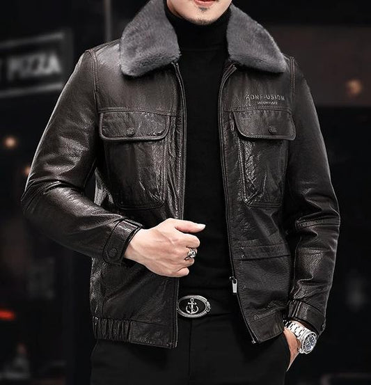 Men's Lapel Cowhide Removable Leather Jacket