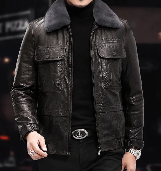 Men's Lapel Cowhide Removable Leather Jacket