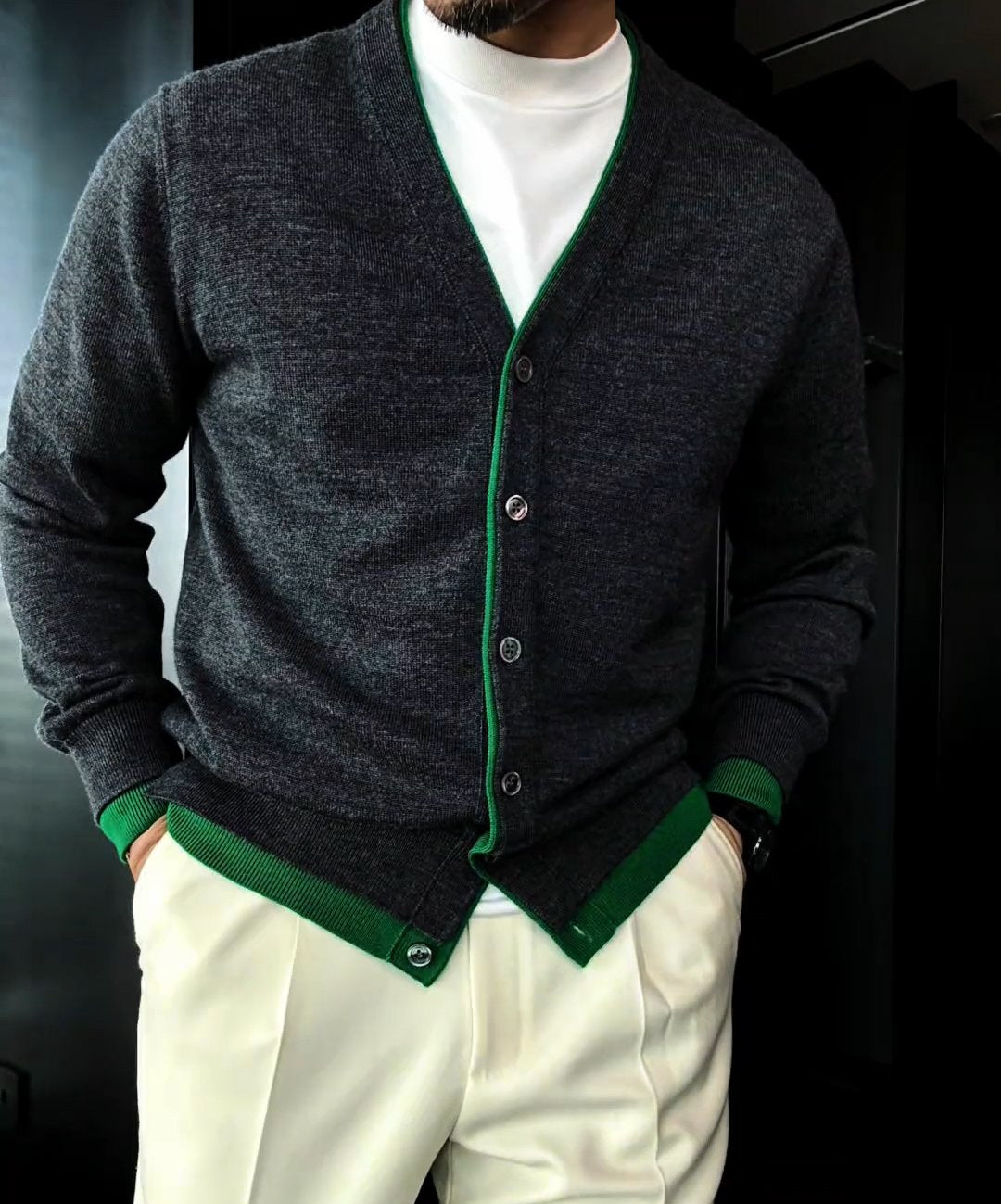 Men's Colorblock Wool Knit Cardigan