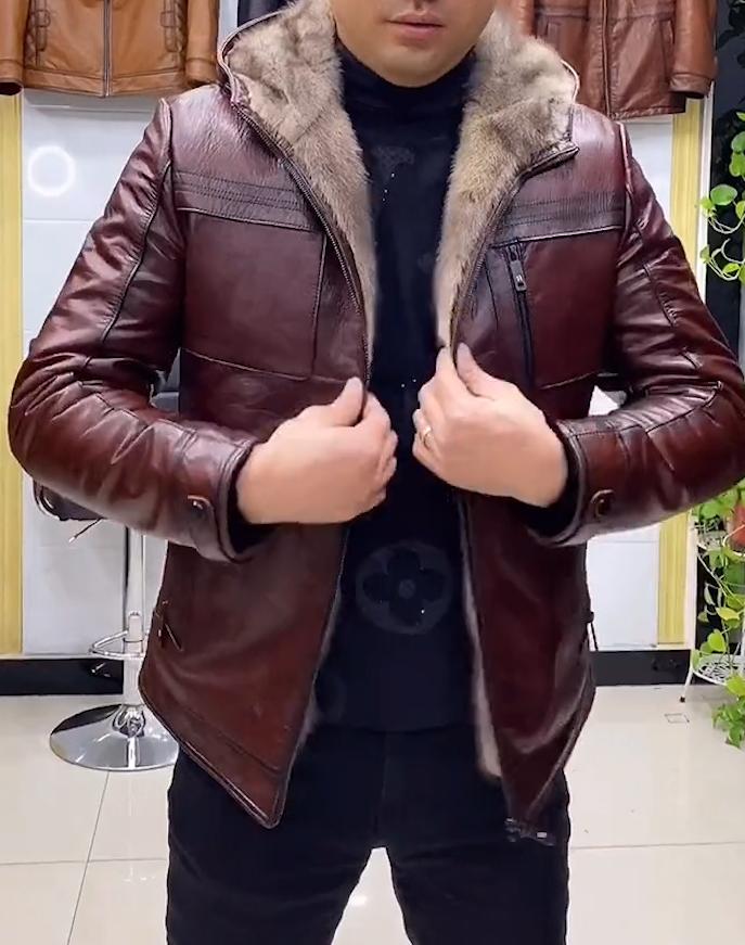 Men's leather lapel wool casual jacket